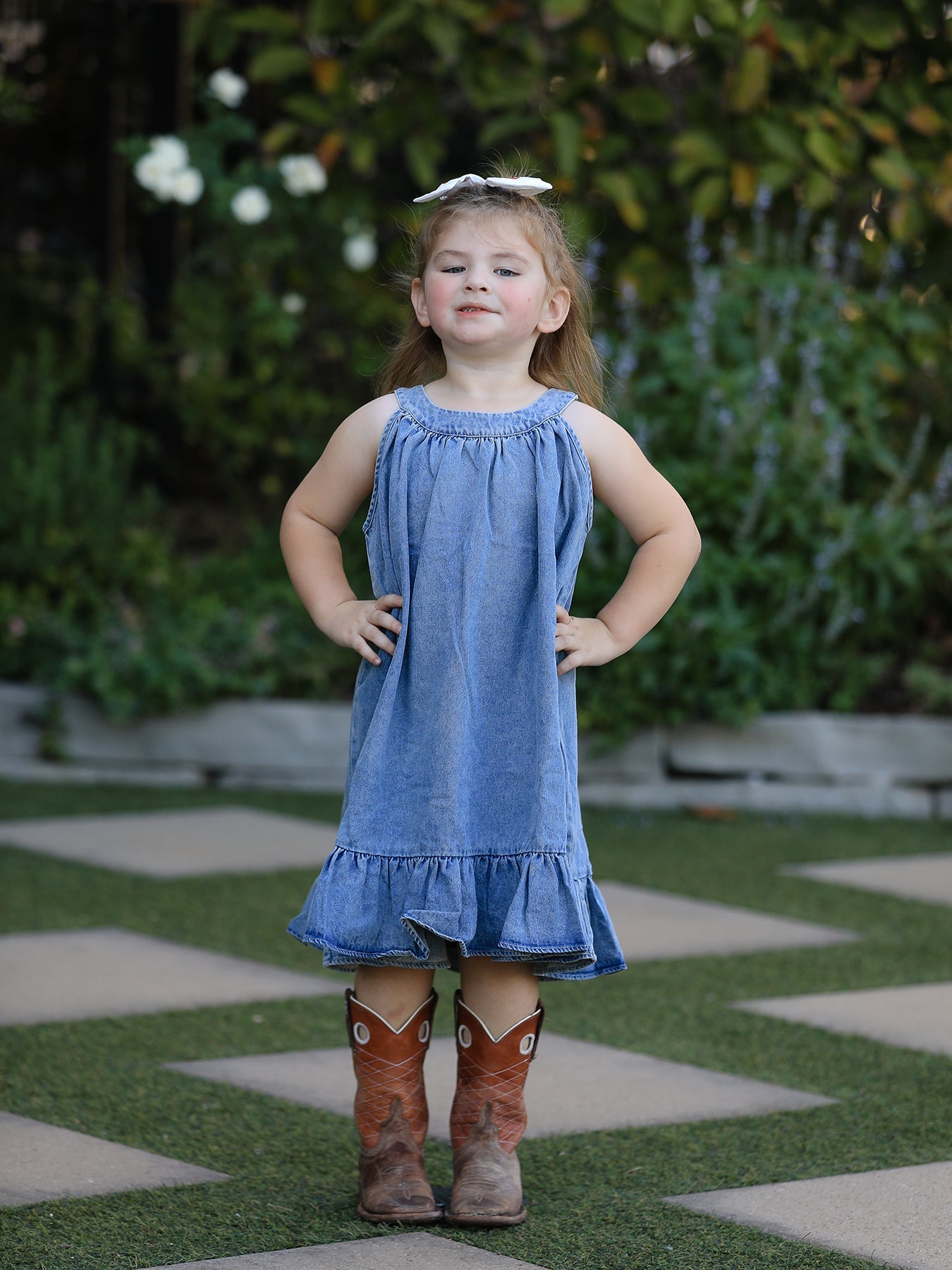 Tia - Girl's Denim Ruffle Trim A-Line Dress