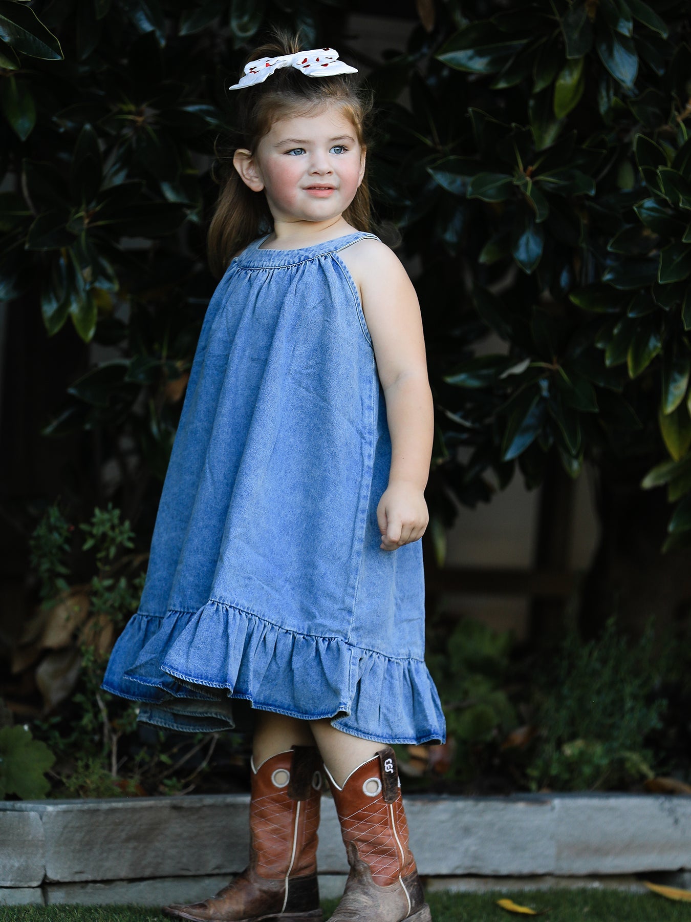 Tia - Girl's Denim Ruffle Trim A-Line Dress
