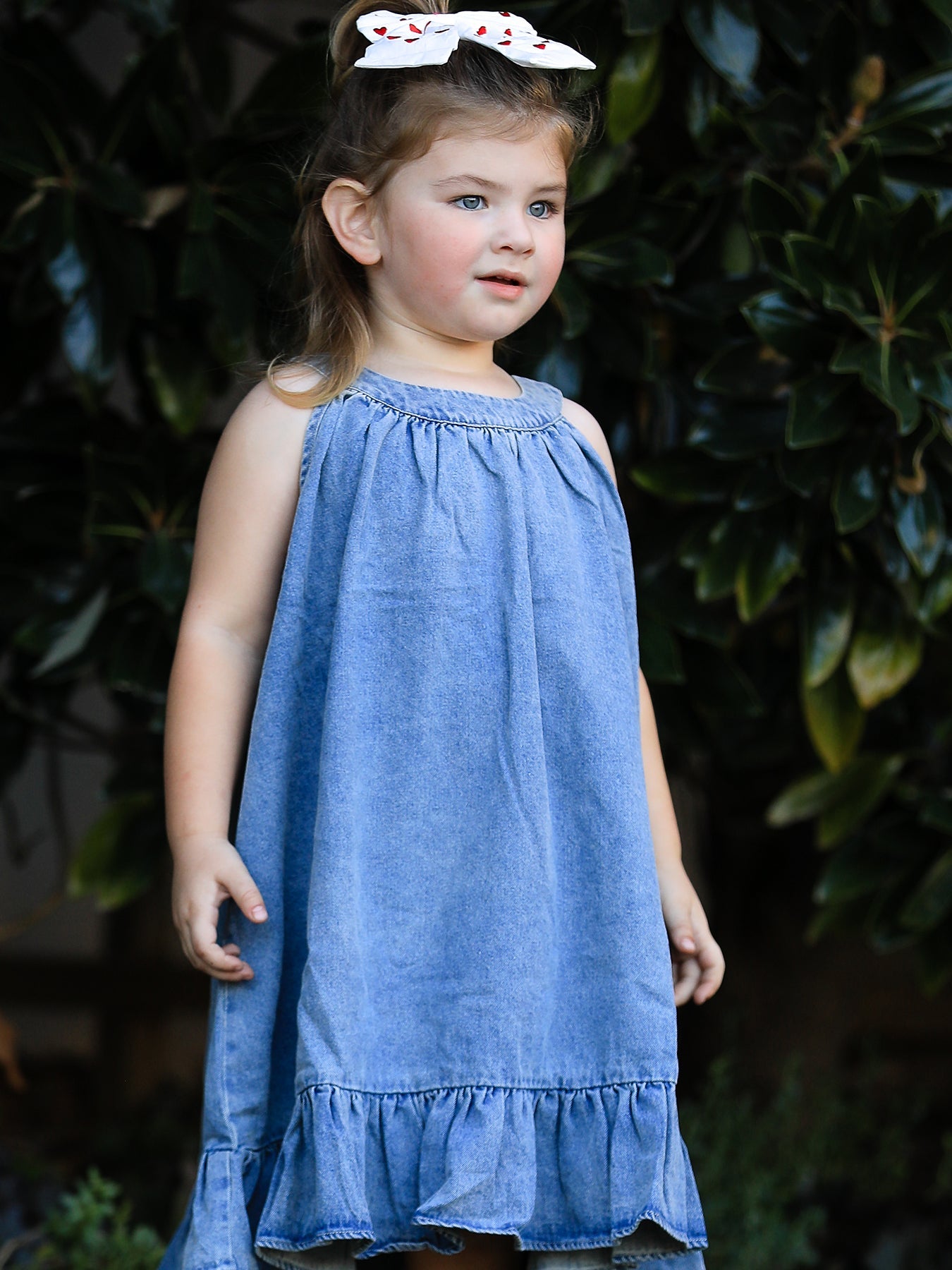 Tia - Girl's Denim Ruffle Trim A-Line Dress