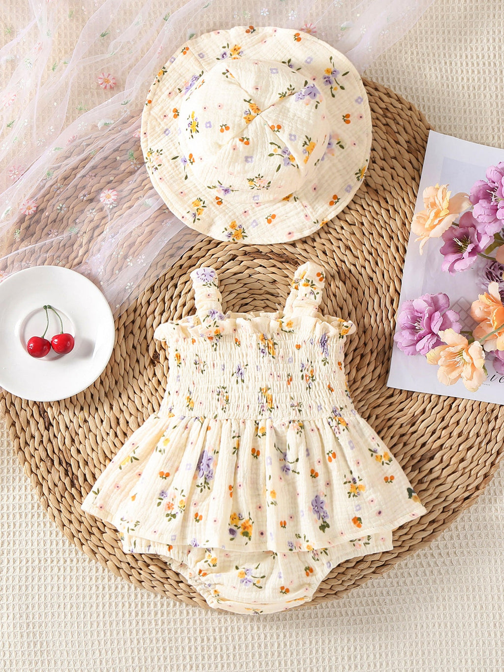 Jane - Muslin Floral Baby Romper with Matching Hat