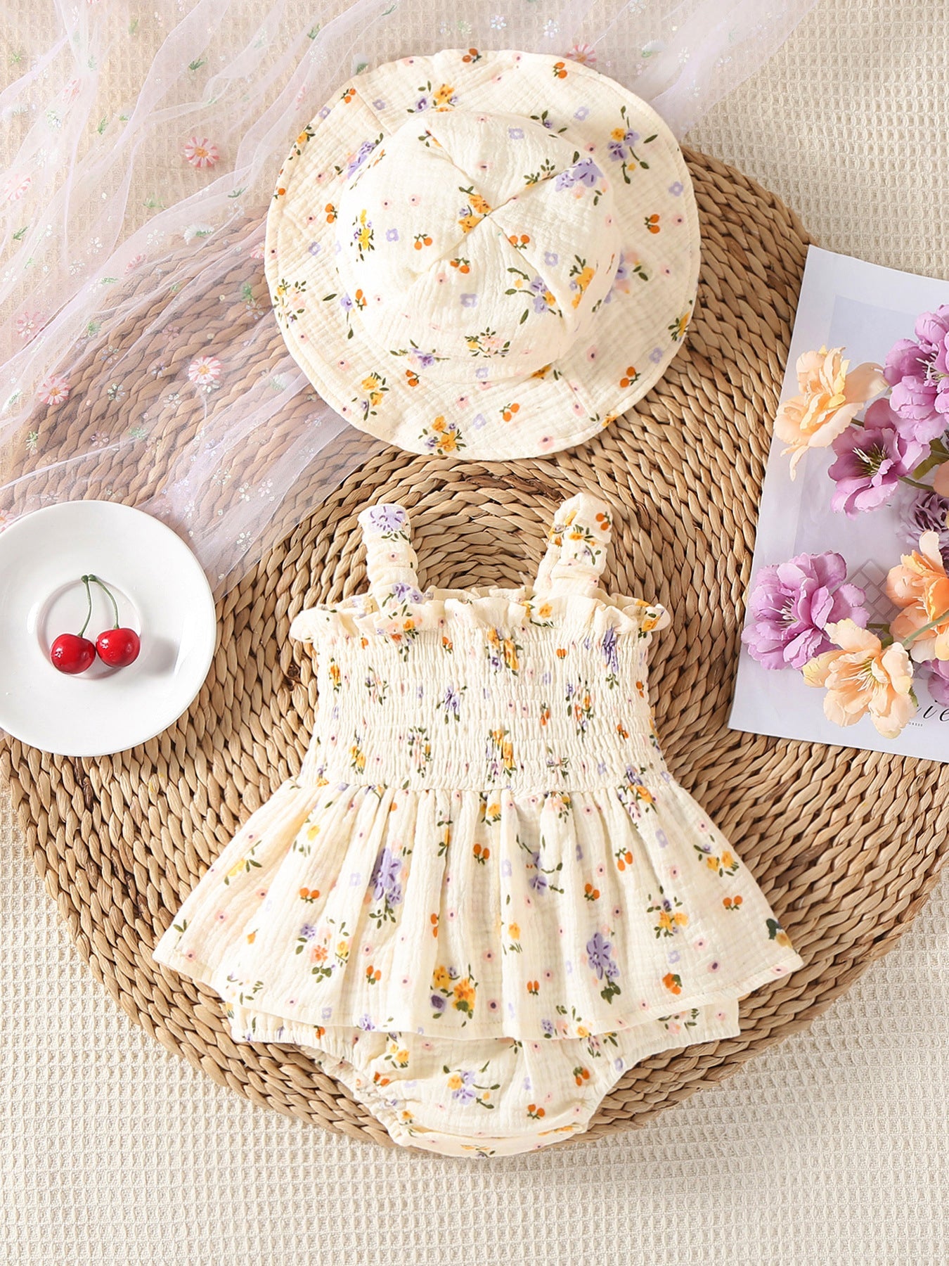 Jane - Muslin Floral Baby Romper with Matching Hat