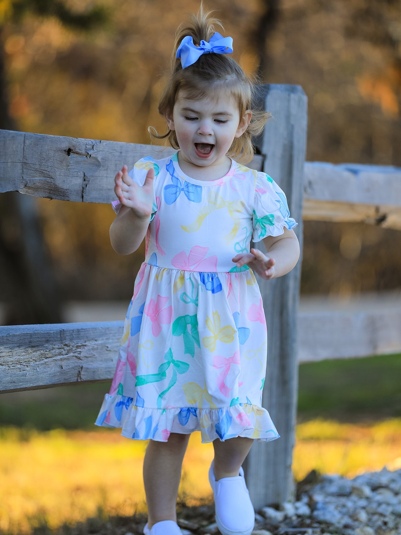Gianna - Colorful Bow Print Puff Sleeves Dress
