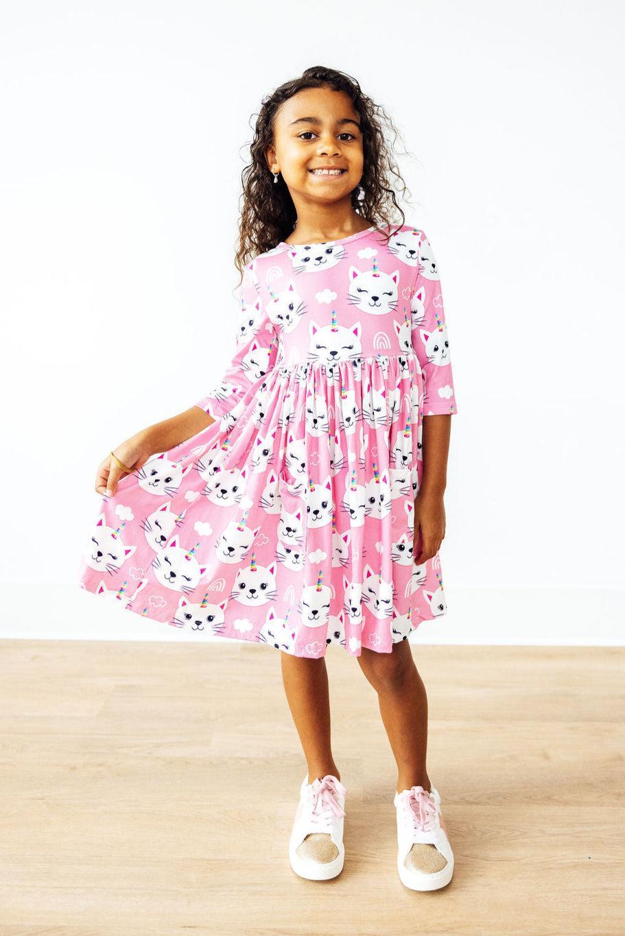 Cara - Unicorn Kitties 3/4 Sleeve Pocket Twirl Dress