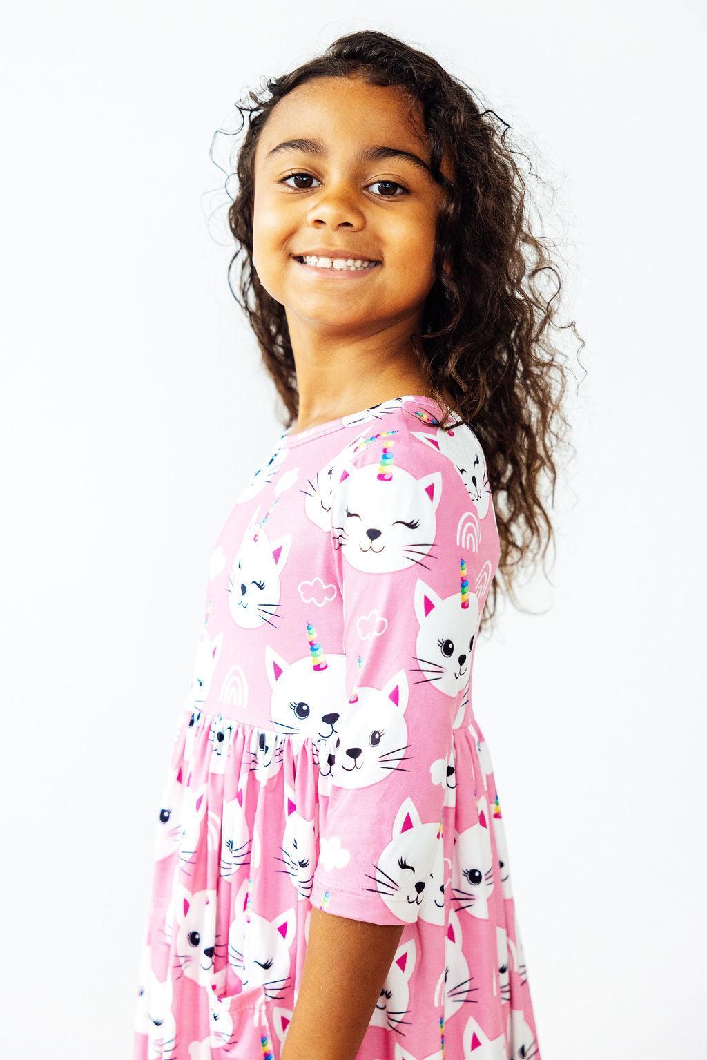 Cara - Unicorn Kitties 3/4 Sleeve Pocket Twirl Dress