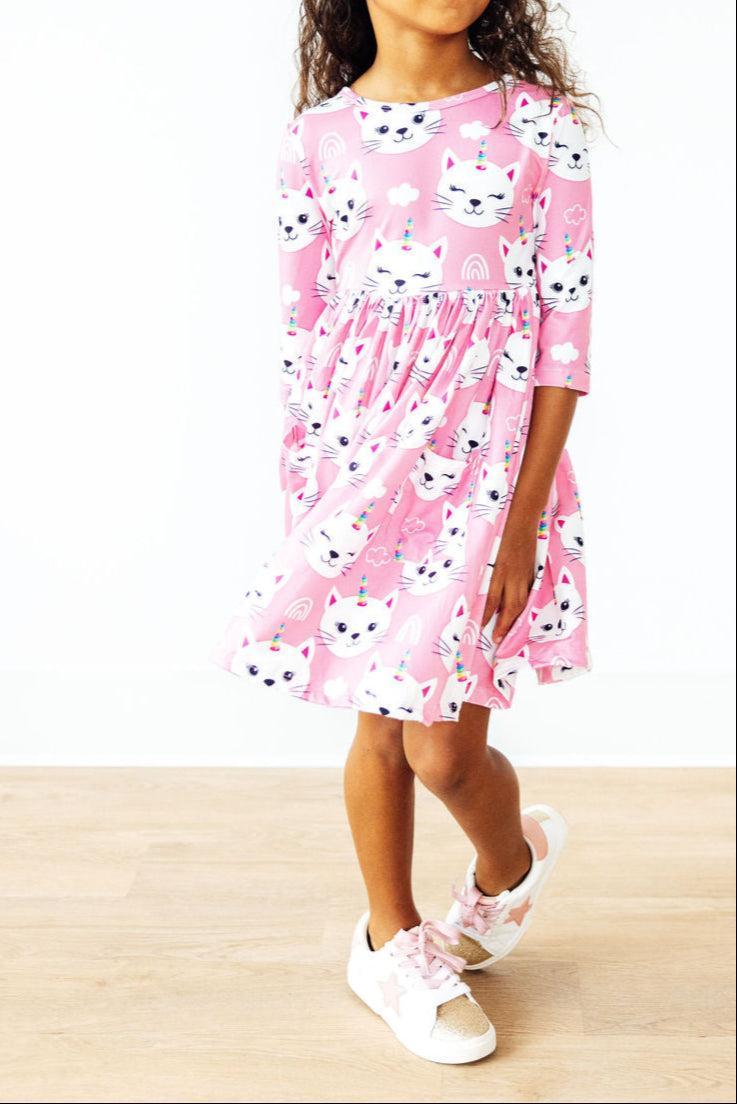 Cara - Unicorn Kitties 3/4 Sleeve Pocket Twirl Dress