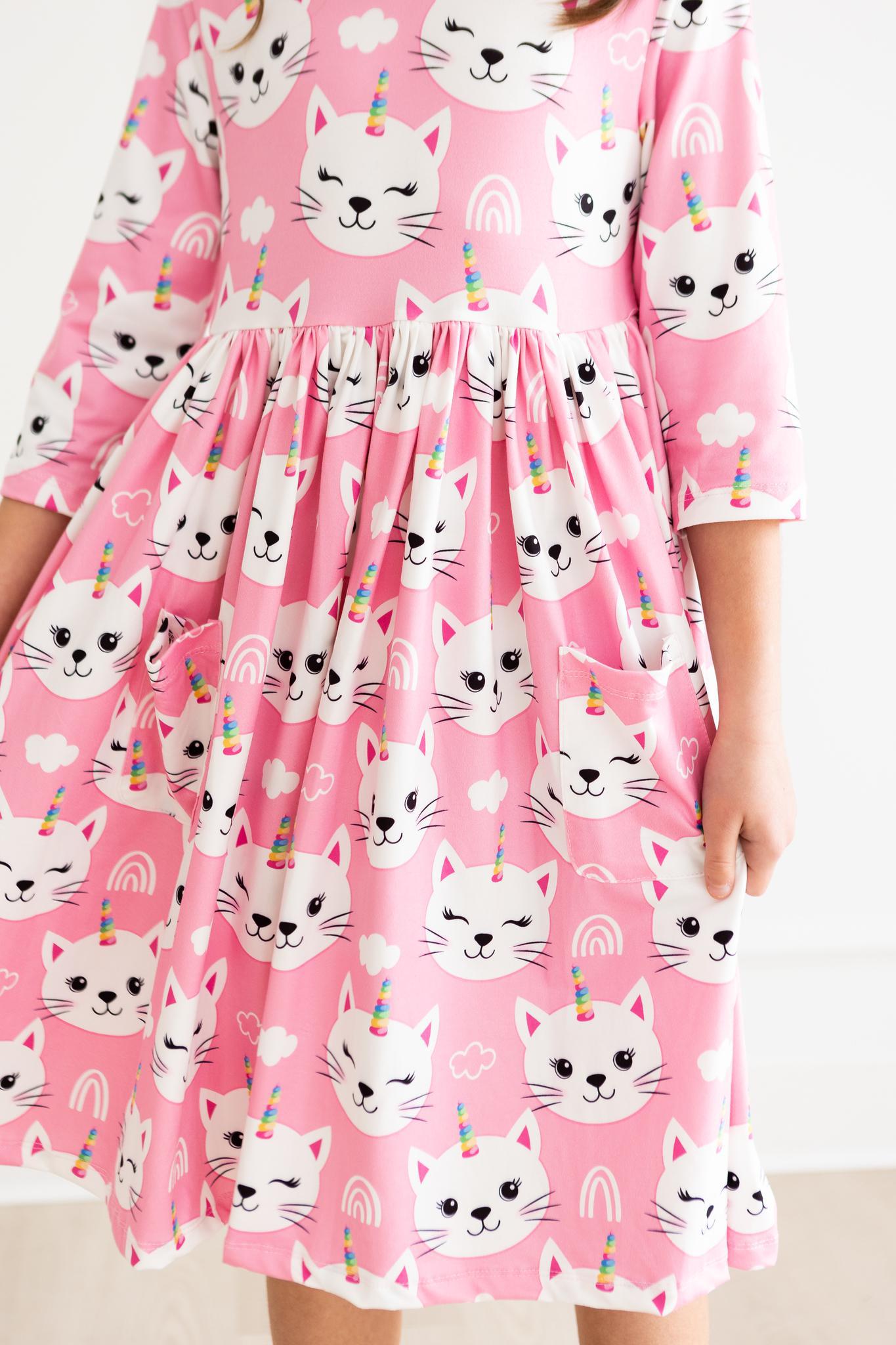 Cara - Unicorn Kitties 3/4 Sleeve Pocket Twirl Dress