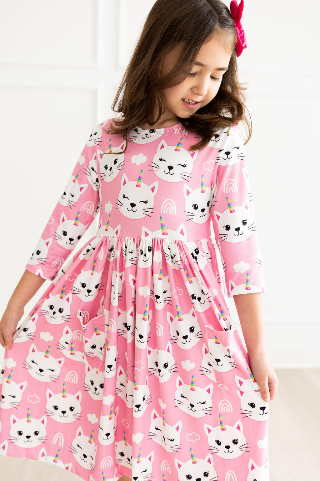 Cara - Unicorn Kitties 3/4 Sleeve Pocket Twirl Dress