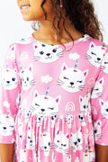 Cara - Unicorn Kitties 3/4 Sleeve Pocket Twirl Dress