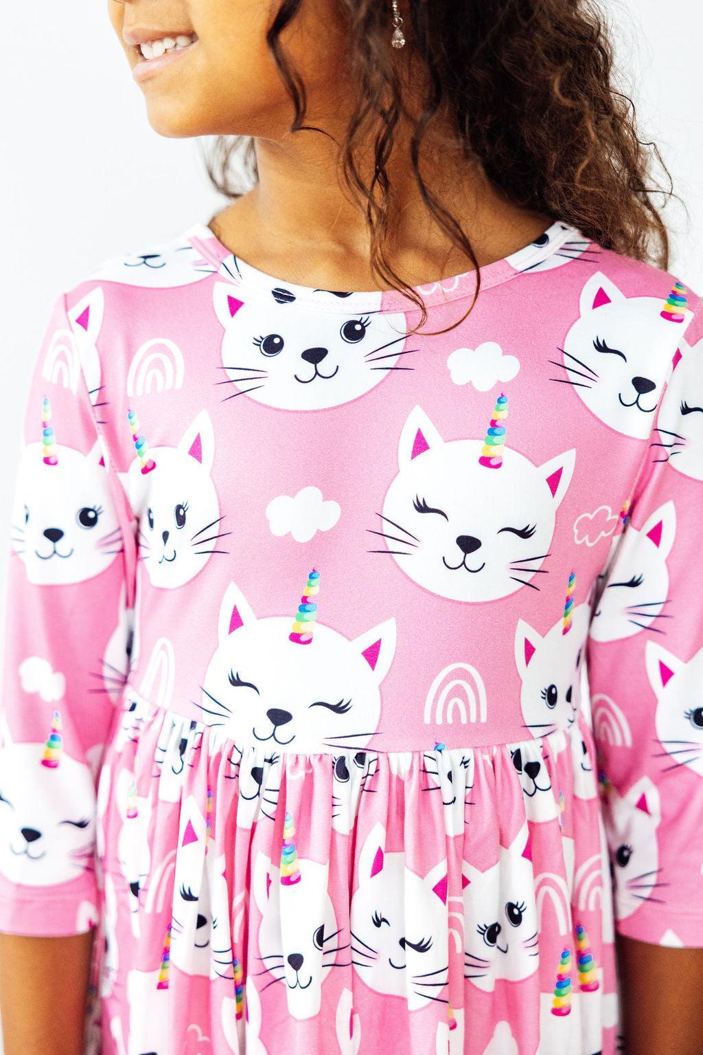 Cara - Unicorn Kitties 3/4 Sleeve Pocket Twirl Dress