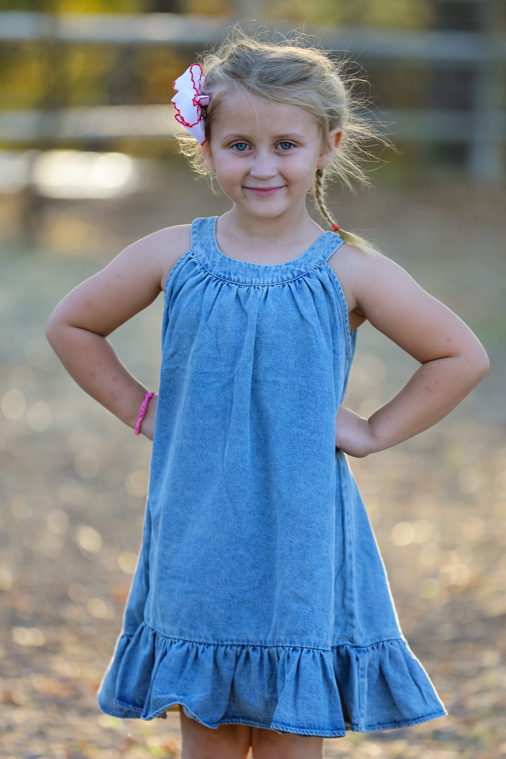 Tia - Girl's Denim Ruffle Trim A-Line Dress