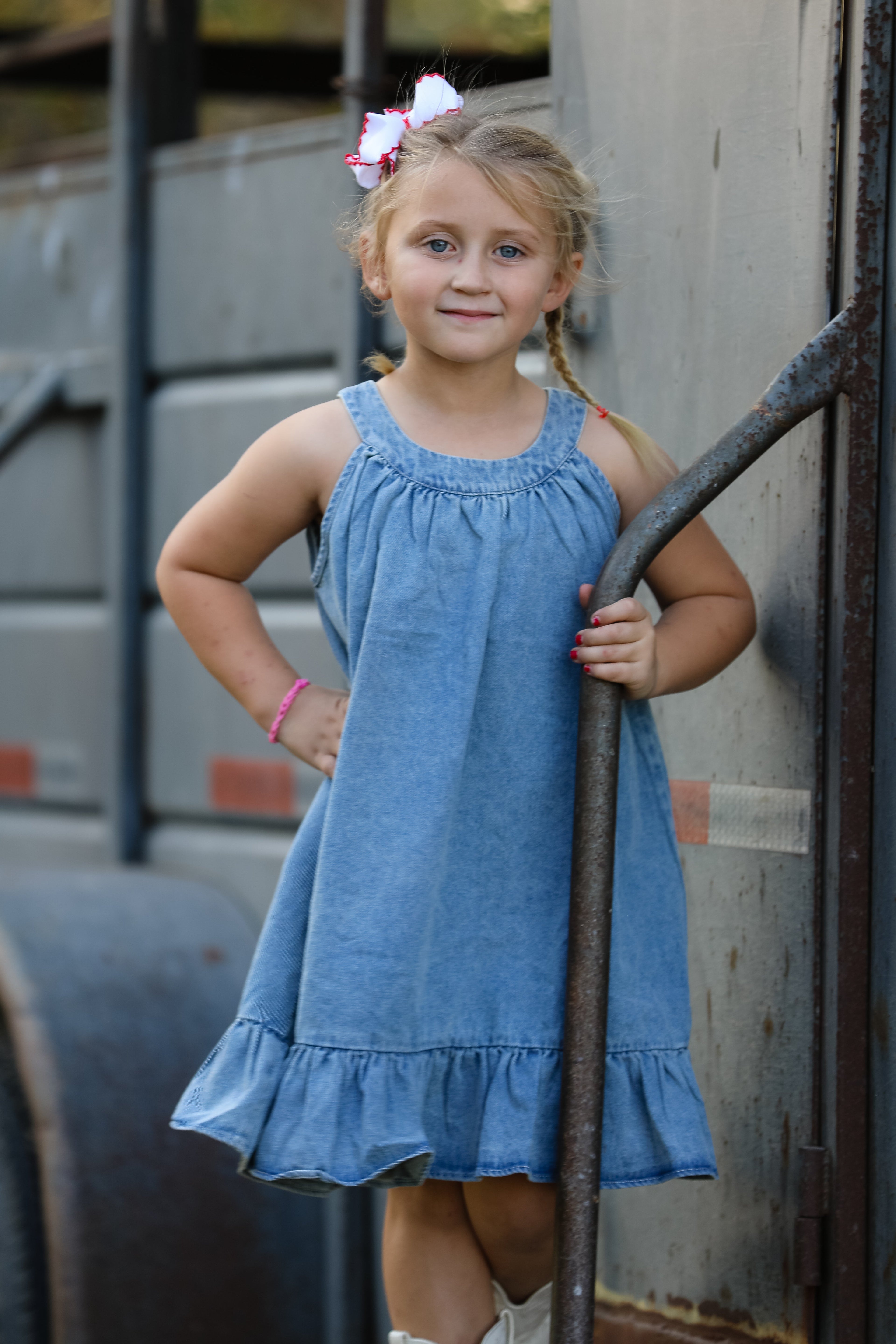 Tia - Girl's Denim Ruffle Trim A-Line Dress