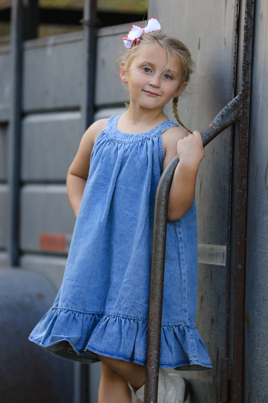 Tia - Girl's Denim Ruffle Trim A-Line Dress