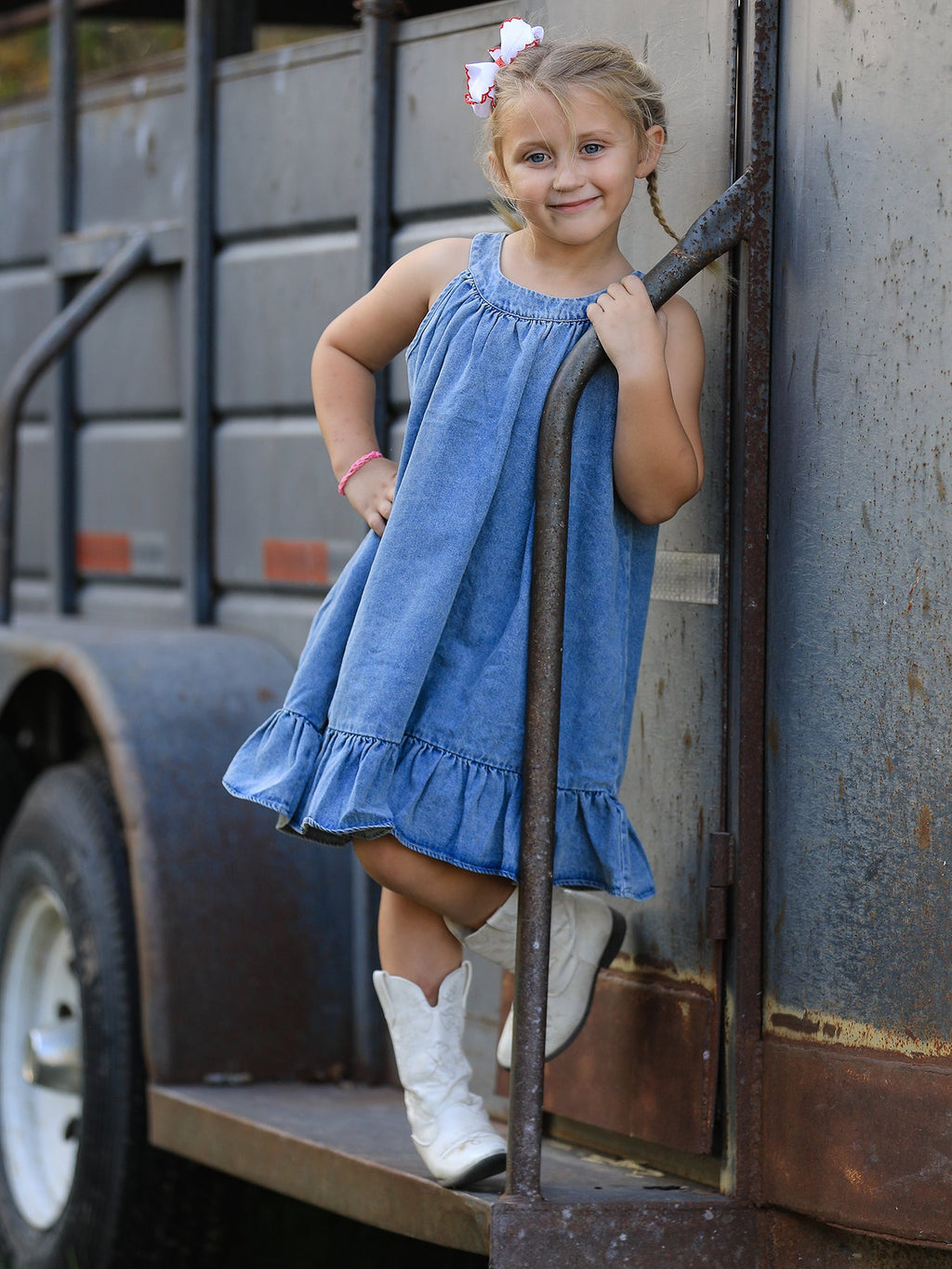 Tia - Girl's Denim Ruffle Trim A-Line Dress