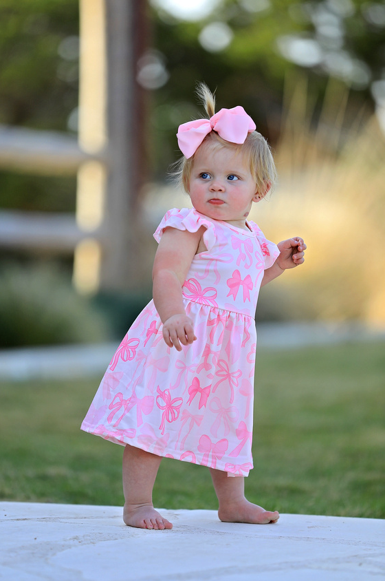 Isla - Pink Bow Print Flying Sleeve Dress