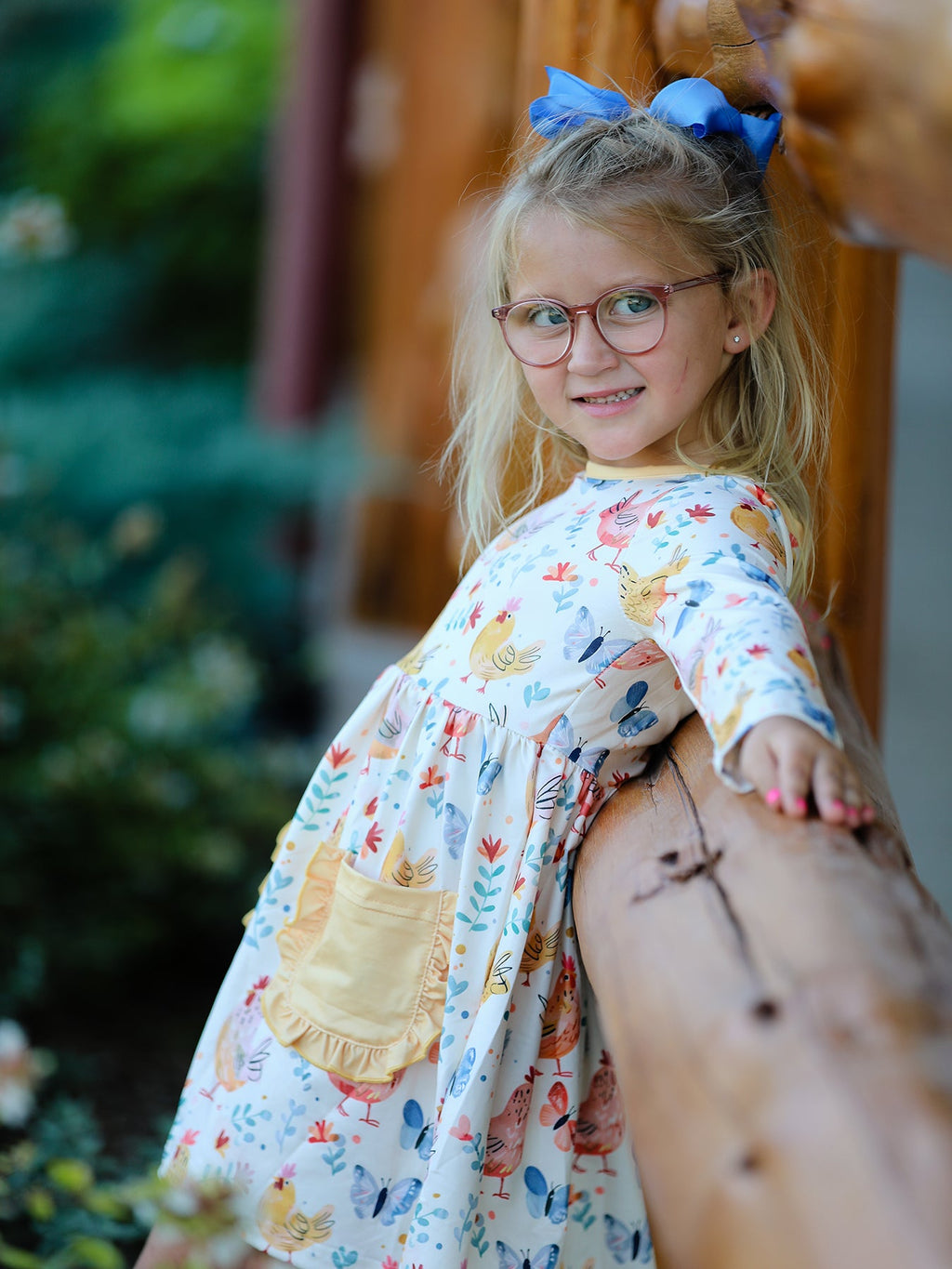 Elise - Chicken & Butterfly Print Girls Dress // Ruffled Pockets