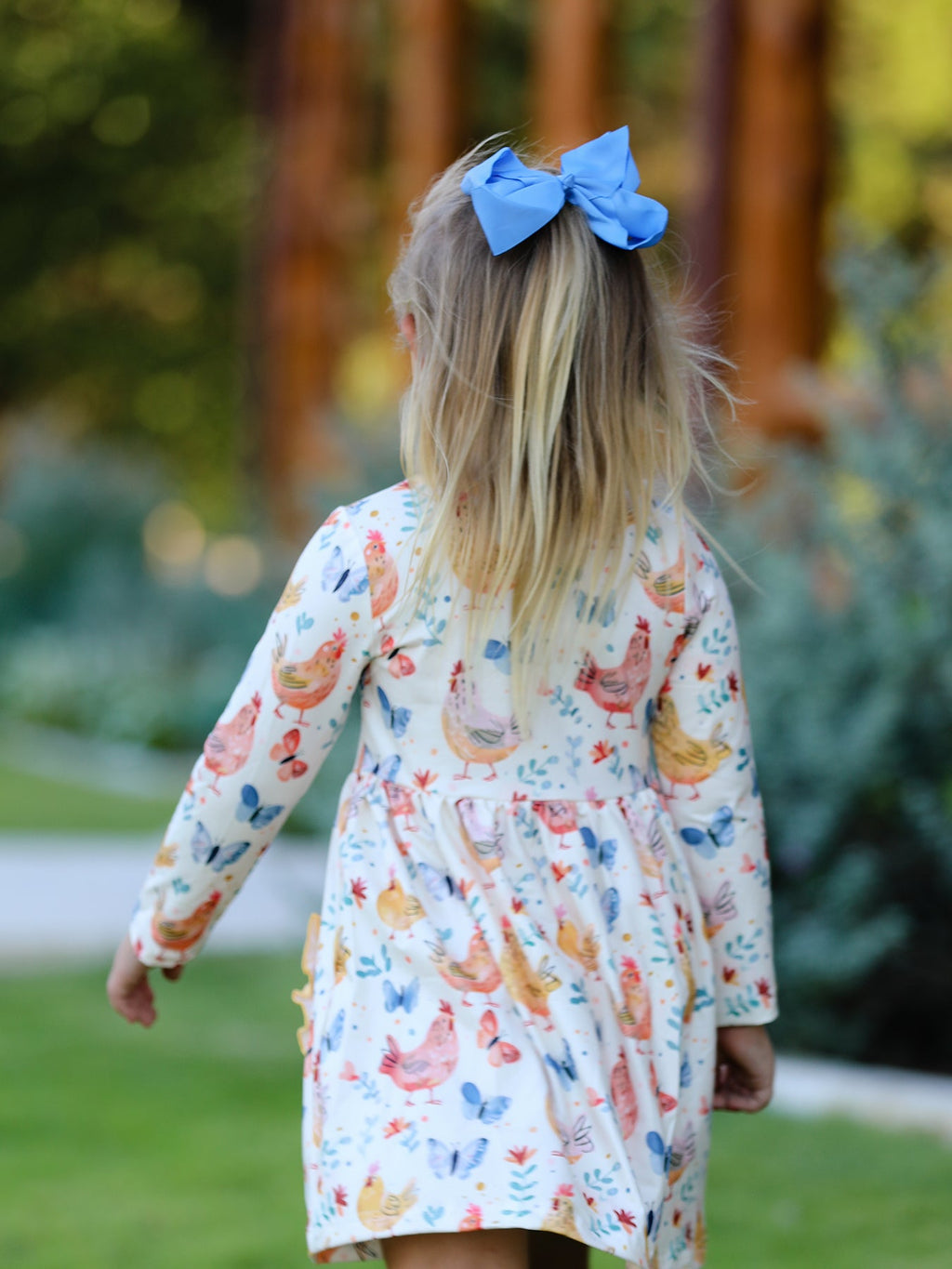 Elise - Chicken & Butterfly Print Girls Dress // Ruffled Pockets