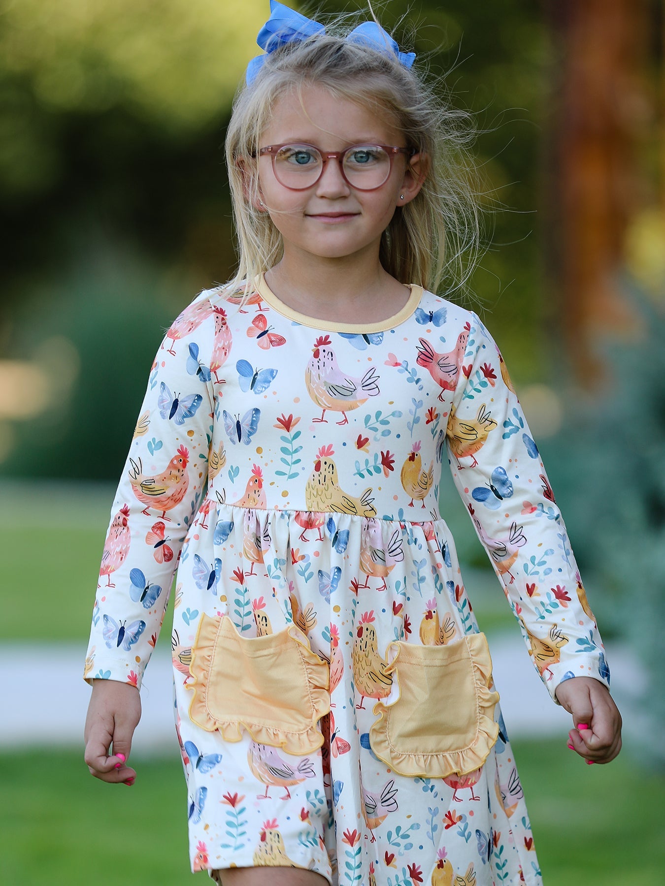 Elise - Chicken & Butterfly Print Girls Dress // Ruffled Pockets