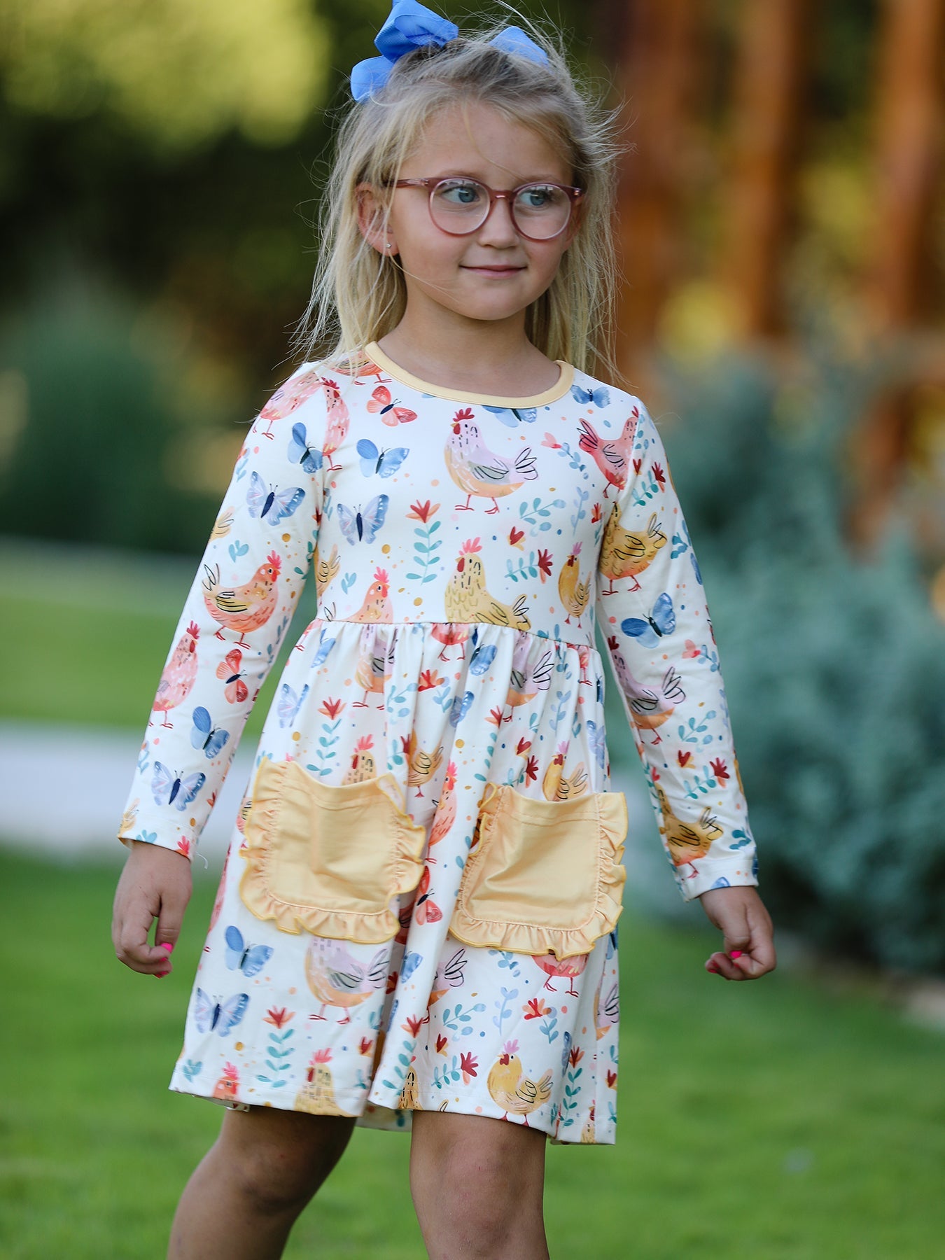 Elise - Chicken & Butterfly Print Girls Dress // Ruffled Pockets